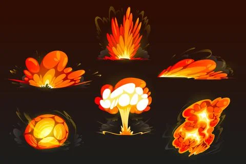 Cartoon bomb explosion set. Clouds, boom effect Stock Illustration