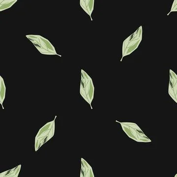 Cartoon botanic seamless pattern with light green leaf shapes. Black backgrou Stock Illustration