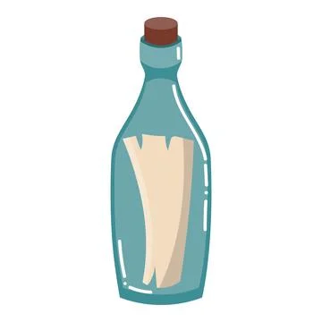 Cartoon bottle with note from sunken ship abandoned sea in flat style. Illustrazione stock