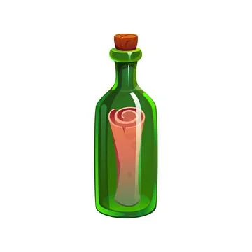 Cartoon bottle with treasure map parchment scroll Stock Illustration