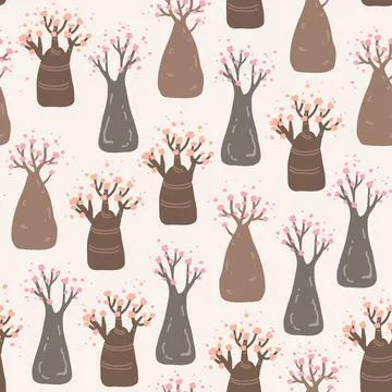 Cartoon bottle tree forest seamless pattern. Desert rose in bloom, Adenium Stock Illustration