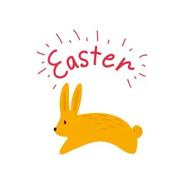 Cartoon Bouncing easter bunnies. Cute yellow rabbit in with the inscription Stock Illustration