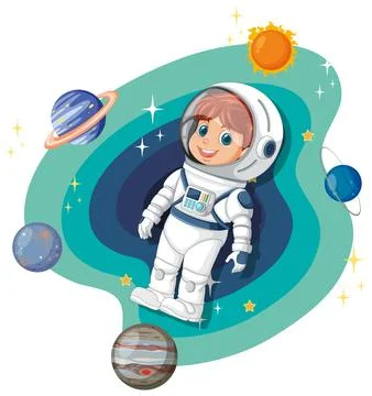 Cartoon Boy Astronaut Floating in Space with Planets and Stars Stock Illustration