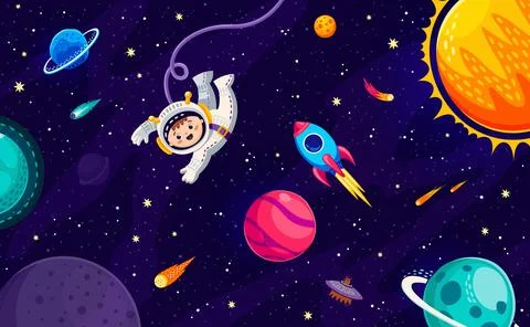 Cartoon boy astronaut in outer space near planets Stock Illustration