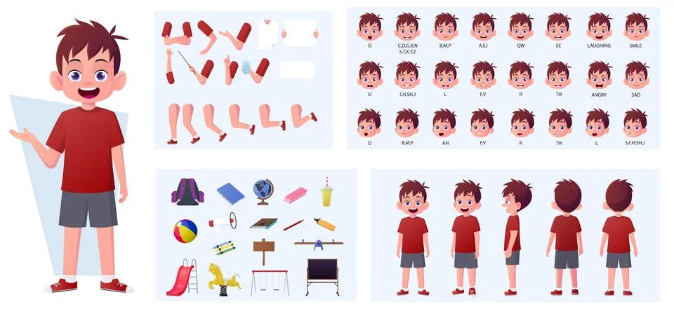 Cartoon Boy Character Constructor with Boy in Front, Side And Rear View. Lip Stock Illustration