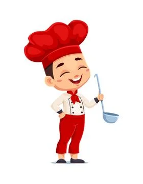 Cartoon boy chef dressed in red and white uniform Stock Illustration