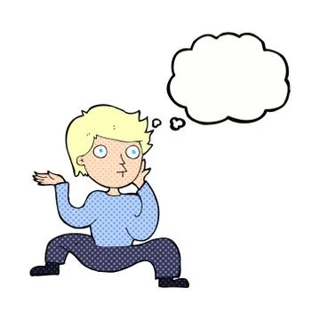 Cartoon boy doing crazy dance with thought bubble Stock Illustration