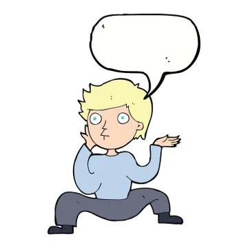 Cartoon boy doing crazy dance with speech bubble Stock Illustration