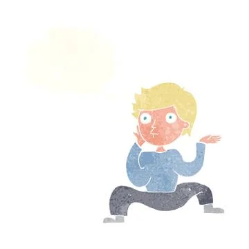 Cartoon boy doing crazy dance with thought bubble Stock Illustration