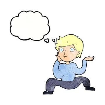 Cartoon boy doing crazy dance with thought bubble Stock Illustration