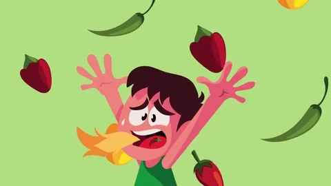 Cartoon boy experiencing hot spicy food sensation with falling peppers anim.. 動画素材 339072368