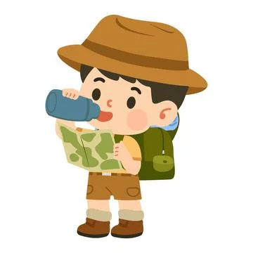 Cartoon Boy Explorer with Map and Water Bottle Stock Illustration