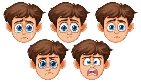 Cartoon Boy Expressing Sadness and Anxiety with Facial Emotions Stock Illustration