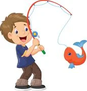 Cartoon happy little boy fishing: Graphic #201396613