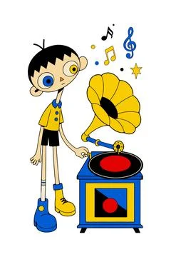 Cartoon Boy with Gramophone Stock Illustration