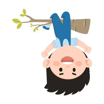 Cartoon Boy Hanging Upside Down From Tree Branch Stock Illustration