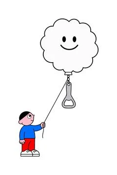 Cartoon Boy Holding a Cloud Balloon Stock Illustration