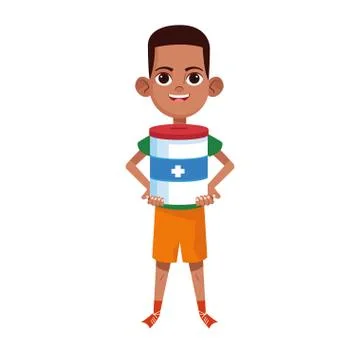Cartoon boy holding a donation tin, colorful design Ilustração Stock