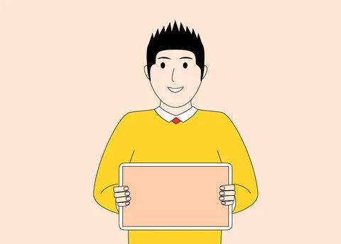 Cartoon boy is holding an empty board with a smile on his face Stock Illustration