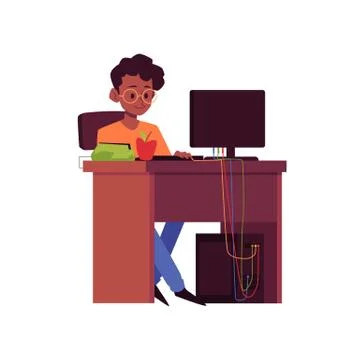 Cartoon boy learning on computer - school student sitting at desk Illustrazione stock