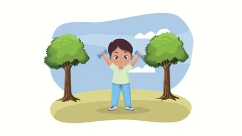 Cartoon boy lifting dumbbells during outdoor exercise session in park setting 库存影片 339200705
