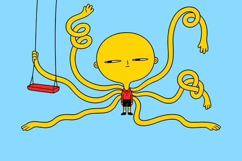 Cartoon Boy with Multiple Arms and a Swing Stock Illustration