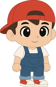 Cartoon Boy in Overalls and Red Cap Stock Illustration