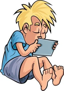 Cartoon boy playing on his tablet computer Stock Illustration