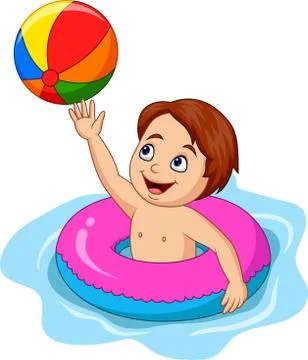 Cartoon boy playing inflatable circle with a beach ball Stock Illustration