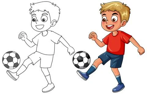 Cartoon Boy Playing Soccer Vector Illustration with Line Art Version Stock Illustration