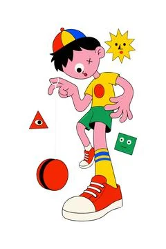 Cartoon Boy Playing Yo-Yo with Geometric Shapes Stock Illustration