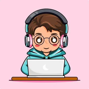 Cartoon Boy Programmer with Laptop and Headphones Vector Illustration 스톡 일러스트