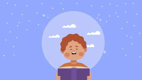 Cartoon boy reading book animation on blue background with stars and clouds. Видео 338403197