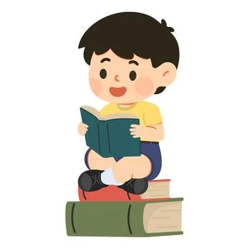 Cartoon Boy Reading Book on Stack of Books イラスト素材