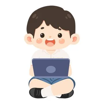 Cartoon Boy Student Using Laptop Illustration Illustrazione stock