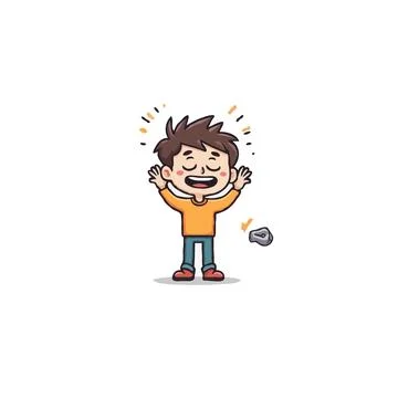 Cartoon boy throwing rock with closed eyes expressing joy and happiness fro.. Stock Illustration