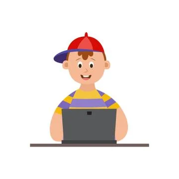 Cartoon boy using laptop and smiling - online school pupil Stock Illustration