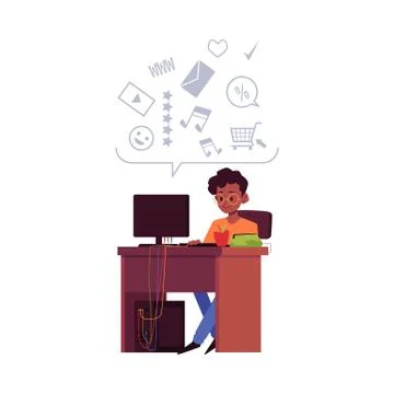 Cartoon boy using school computer for entertainment apps Illustrazione stock