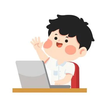 Cartoon Boy Waving at Laptop Computer Stock Illustration