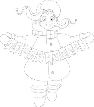 Cartoon boy in winter hat and scarf with merry Christmas banner graphic sketch Stock Illustration