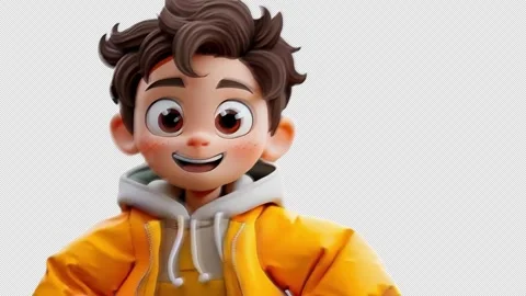 A cartoon boy in a yellow jacket is runing Stockbeeldmateriaal 313433169
