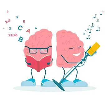 Cartoon brain characters reading and listening to music Stock Illustration