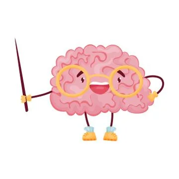Cartoon brain with glasses and a pointer. Vector illustration on white Stock Illustration