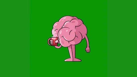 Cartoon brain holding cup coffee drinking green screen animated chromakey Video stock 314064997
