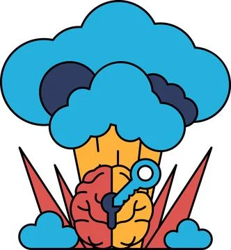 A cartoon brain with a key on it is surrounded by clouds Stock Illustration
