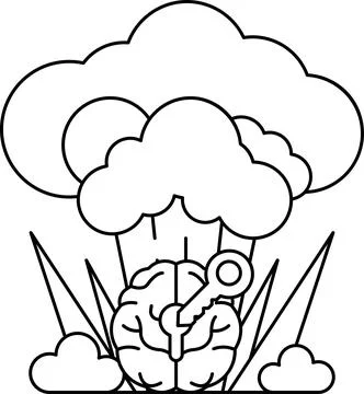 A cartoon brain with a key on it is surrounded by clouds Stock Illustration