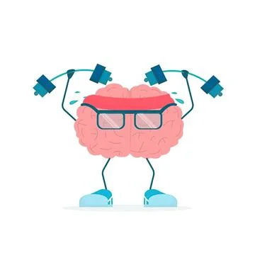 Cartoon brain lifting weights with glasses and sneakers Stock Illustration