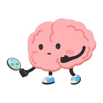 Cartoon Brain Looking Through Magnifying Glass Examining Microbes Stock Illustration