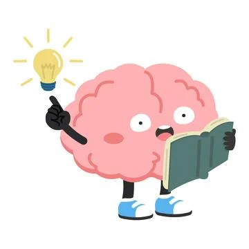 Cartoon Brain Reading a Book with Bright Lightbulb Stock Illustration