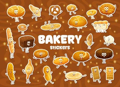 Cartoon bread and bakery characters stickers pack Stock Illustration